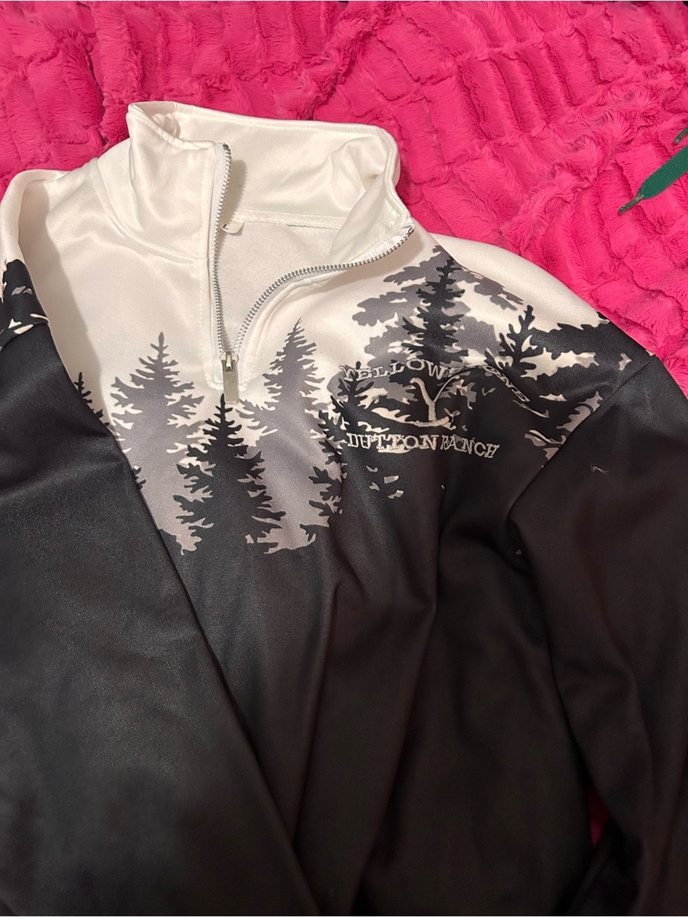 Women’s Black & Cream Half-Zip Crew Sweater with Forest Print